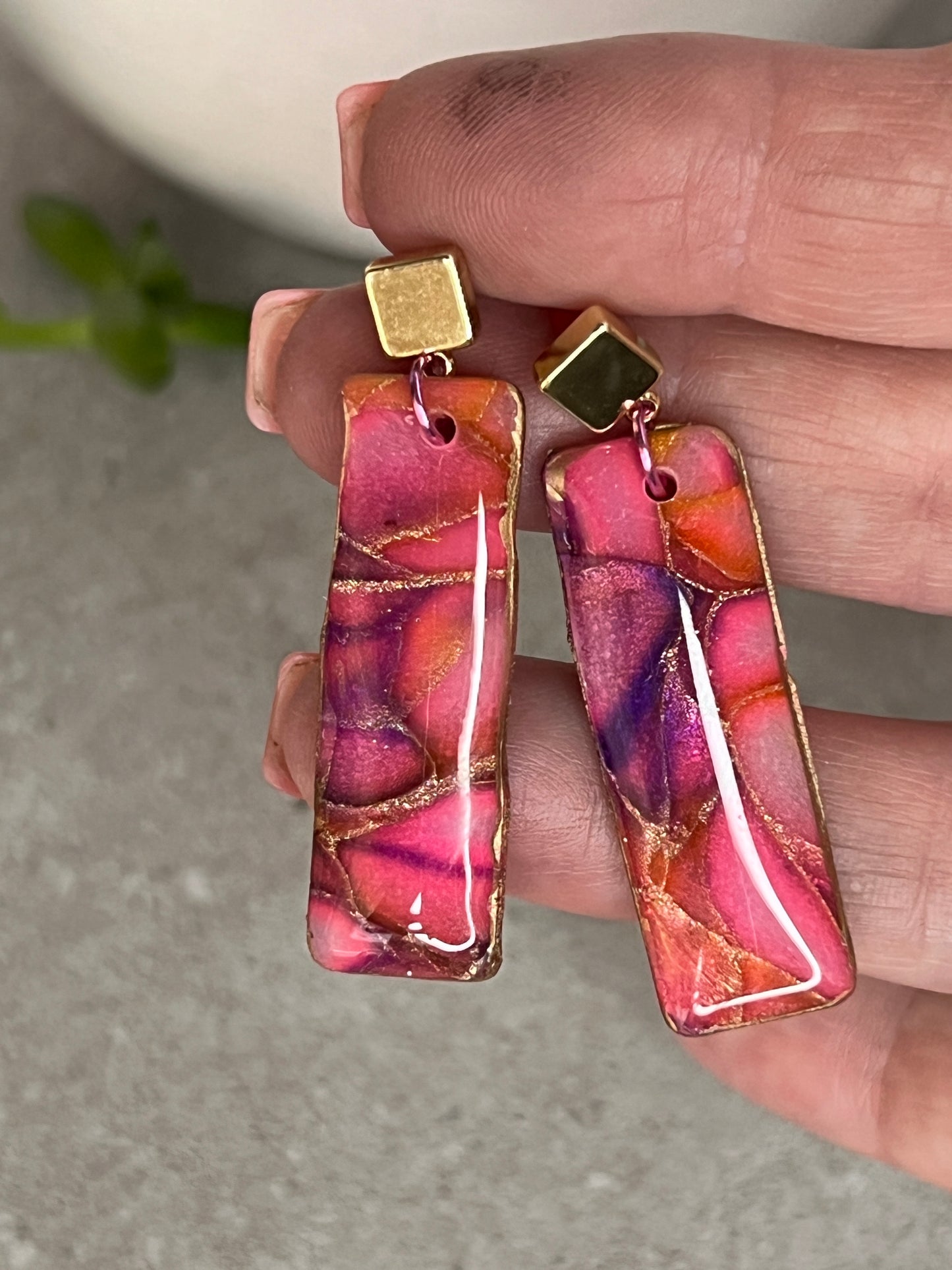 Rectangle Dangle Earrings- Faux Stone