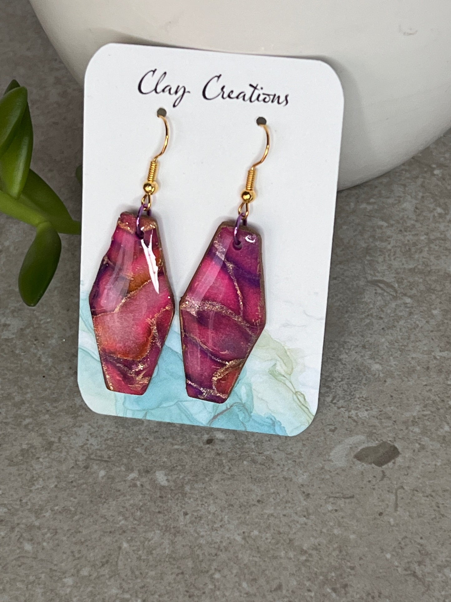 Thin Hexagon Dangle Earrings Faux Stone