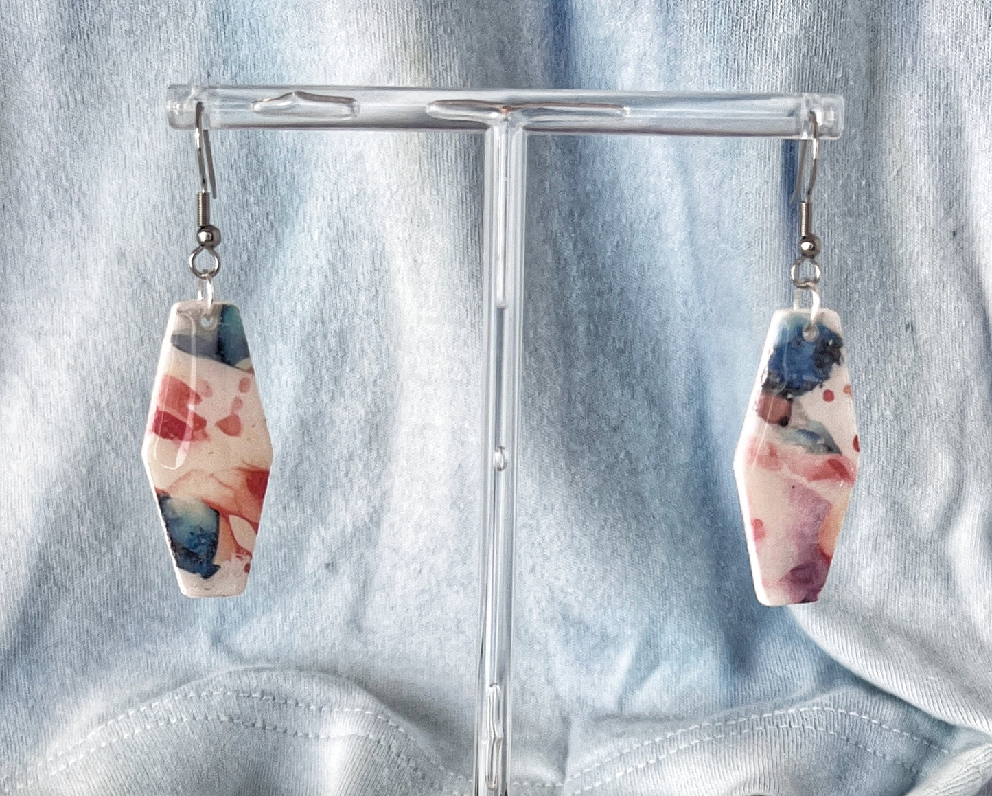 Thin Hexagon Dangle Earrings Watercolor