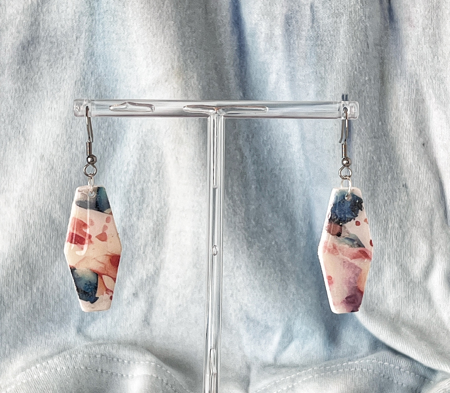 Thin Hexagon Dangle Earrings Watercolor